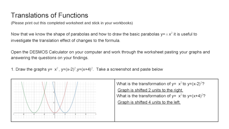 Preview of Translations of Functions (Desmos)