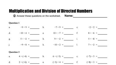 Preview of Multiplication and division of directed numbers - worksheet