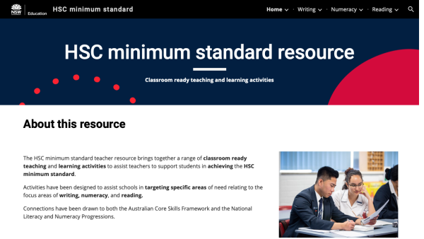 Screenshot of HSC minimum standard resource