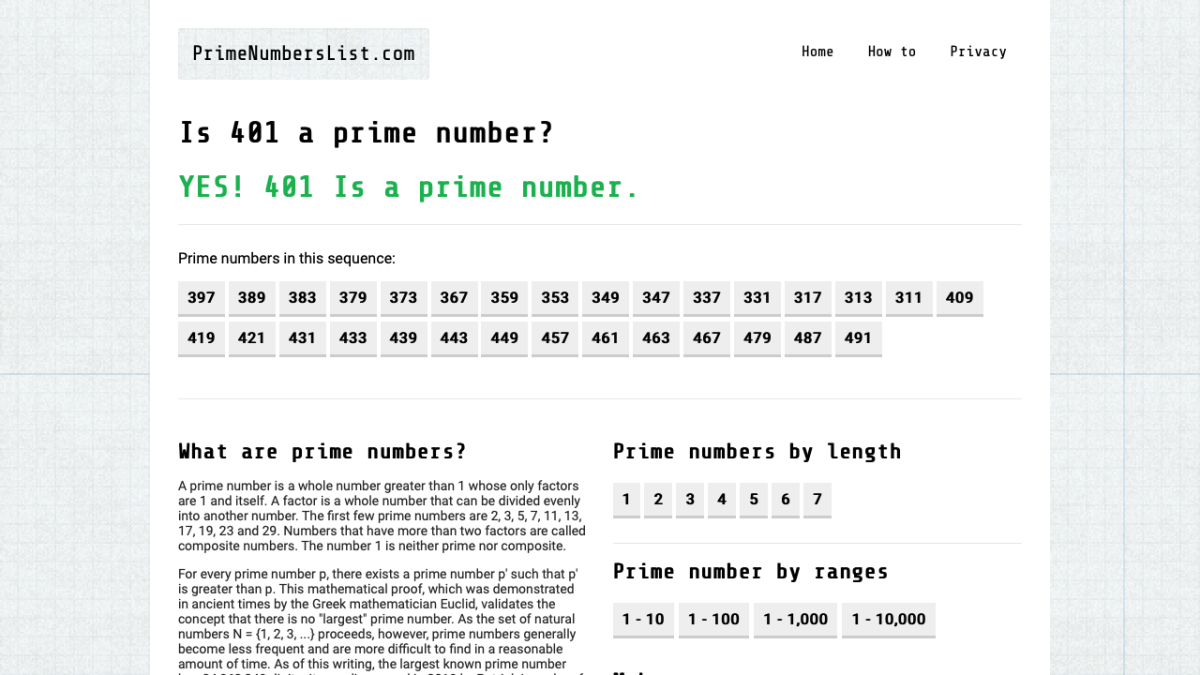 Screenshot of Prime Numbers List