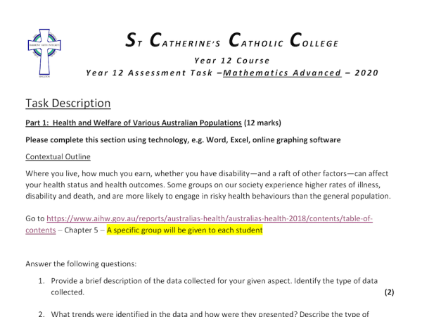 Preview of Year 12 Math Advanced Bivariate Stats Investigation