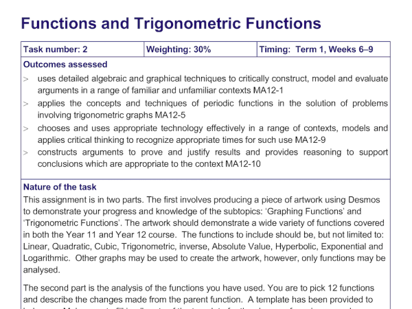 Preview of Functions and Trigonometric Functions - Year 12 Assignment