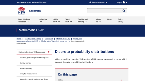 Screenshot of Discrete probability distributions, NESA sample examination Q19