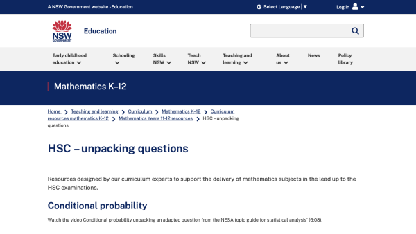 Screenshot of Conditional probability, NESA topic guide question