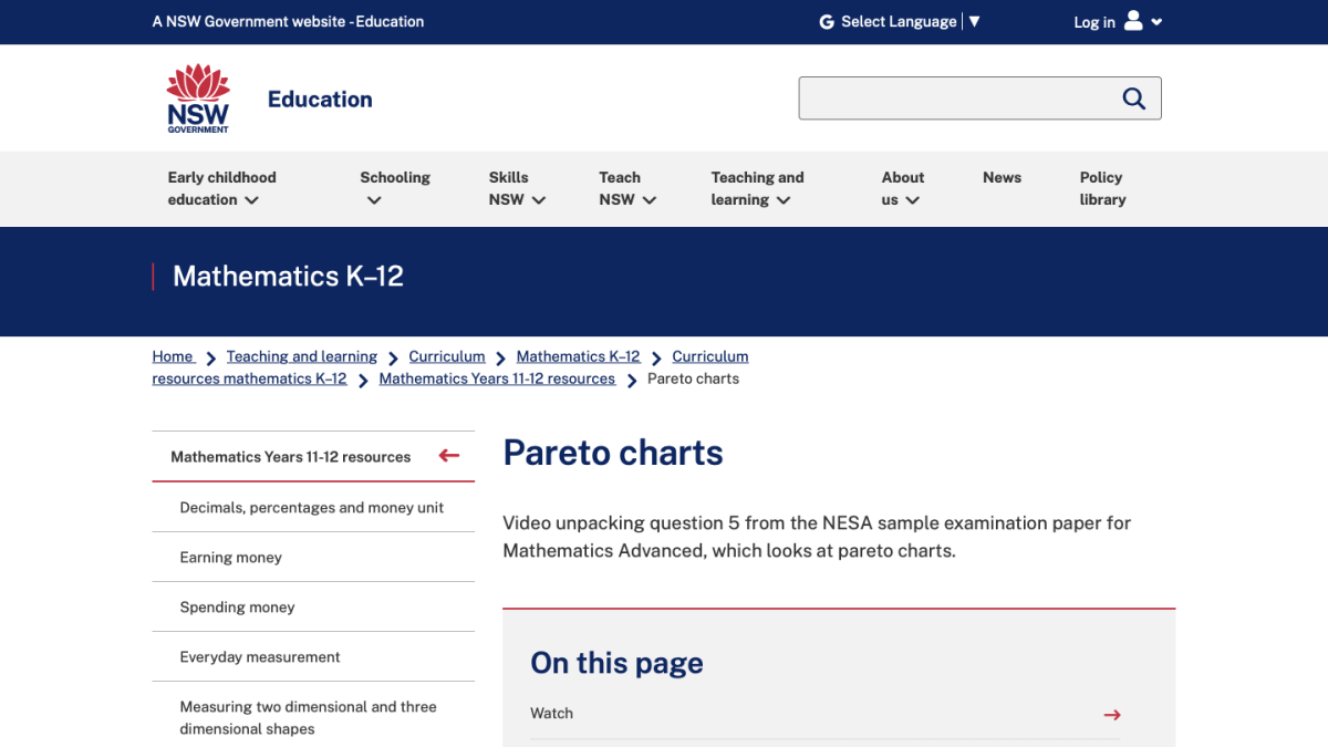 Screenshot of Pareto charts, NESA sample examination Q5