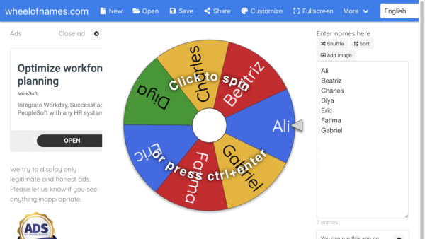 Screenshot of Wheel of Names