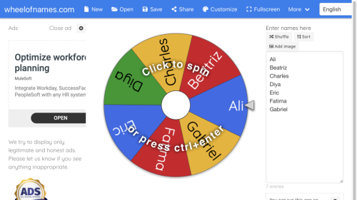 Screenshot of Wheel of Names