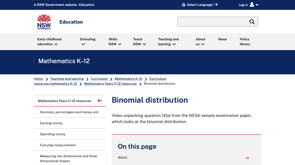 Screenshot of Binomial distribution
