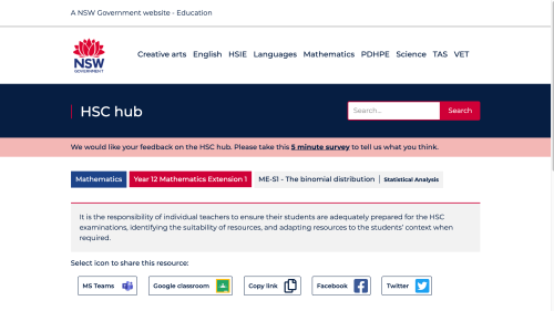Screenshot of HSC support - Binomial distribution