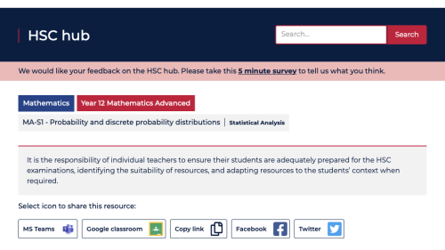 Screenshot of HSC support - Probability and discrete probability distributions