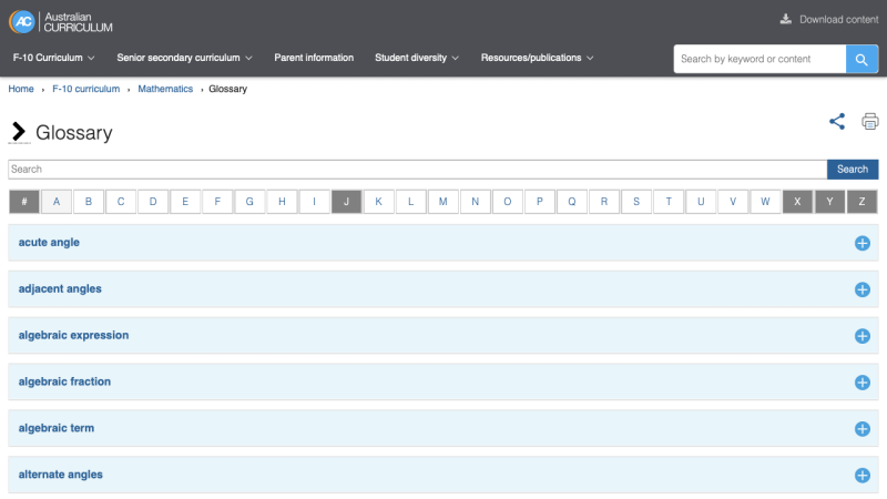 Screenshot of Australian Curriculum mathematics glossary