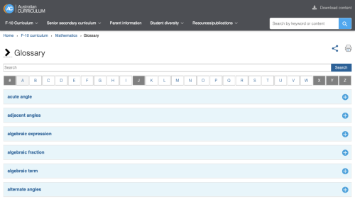 Screenshot of Australian Curriculum mathematics glossary