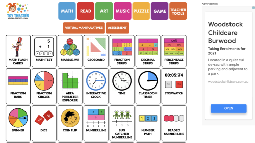 Screenshot of Toy Theater - virtual manipulatives