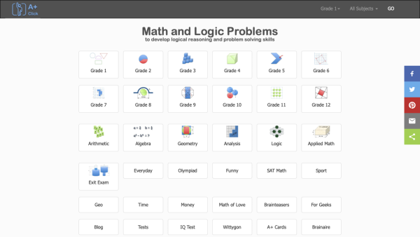 Screenshot of A+Click Math Problems and Logic Problems