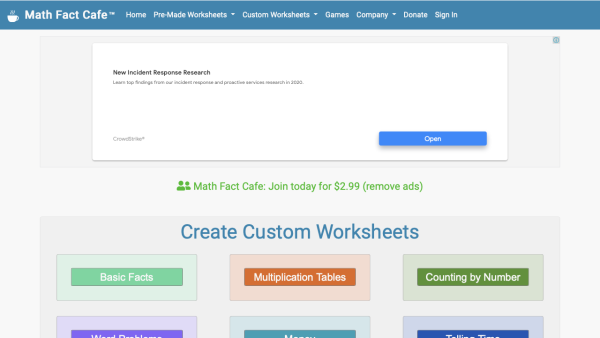 Screenshot of Math Fact Cafe