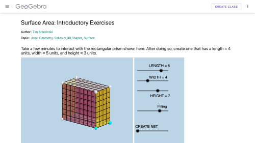 Screenshot of Surface Area: Introductory Exercises