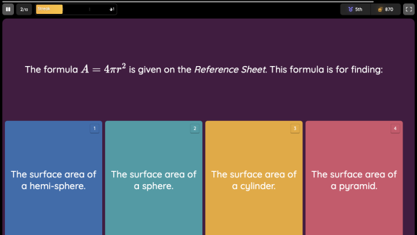 Screenshot of Quizizz - Mathematics Advanced Reference Sheet (NSW)