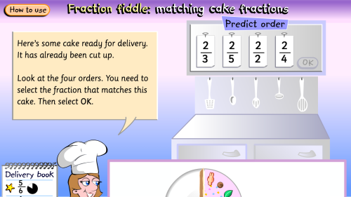 Screenshot of Fraction fiddle: matching cake fractions