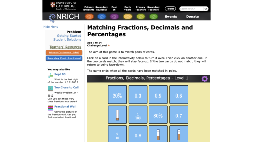 Screenshot of Matching Fractions, Decimals and Percentages