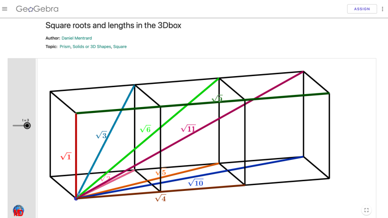 Screenshot of Square roots and lengths in the 3Dbox
