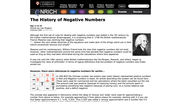 Screenshot of The History of Negative Numbers