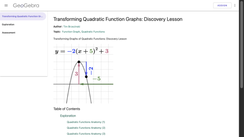 Screenshot of Transforming Quadratic Function Graphs: Discovery Lesson