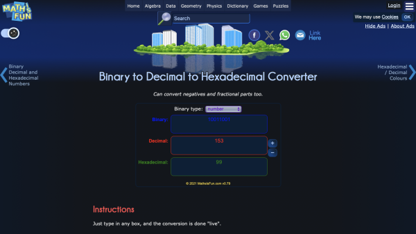 Screenshot of Binary Decimal Hexadecimal Converter