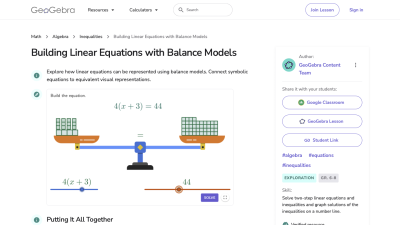 Screenshot of Building Linear Equations with Balance Models