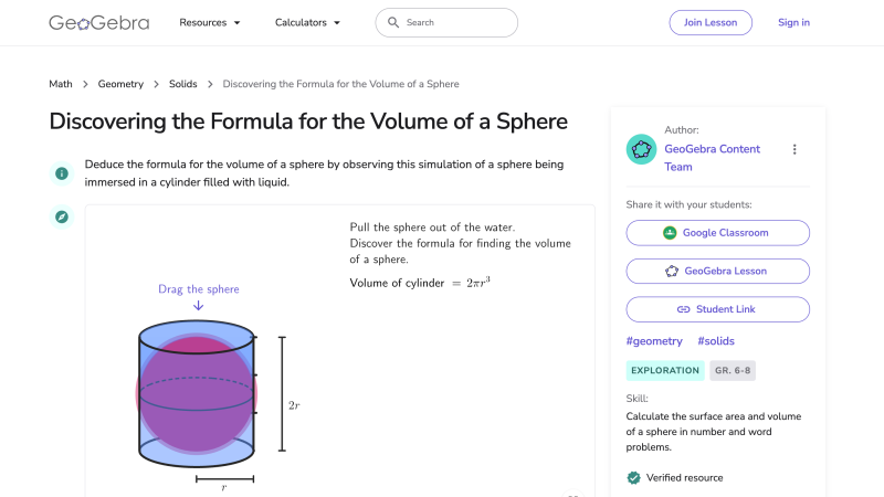 Screenshot of Discovering the Formula for the Volume of a Sphere