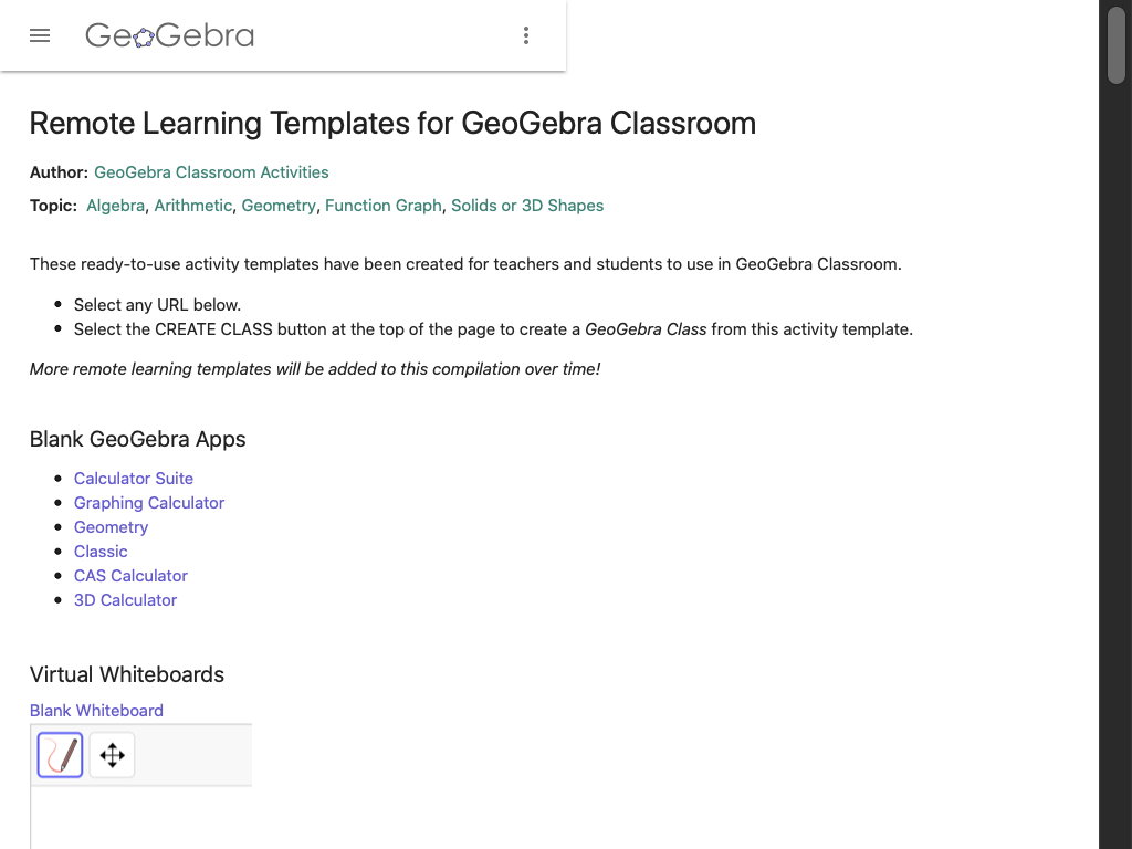 Screenshot of Remote Learning Templates for GeoGebra Classroom