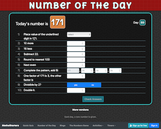 Screenshot of Number of the Day - Interactive student version