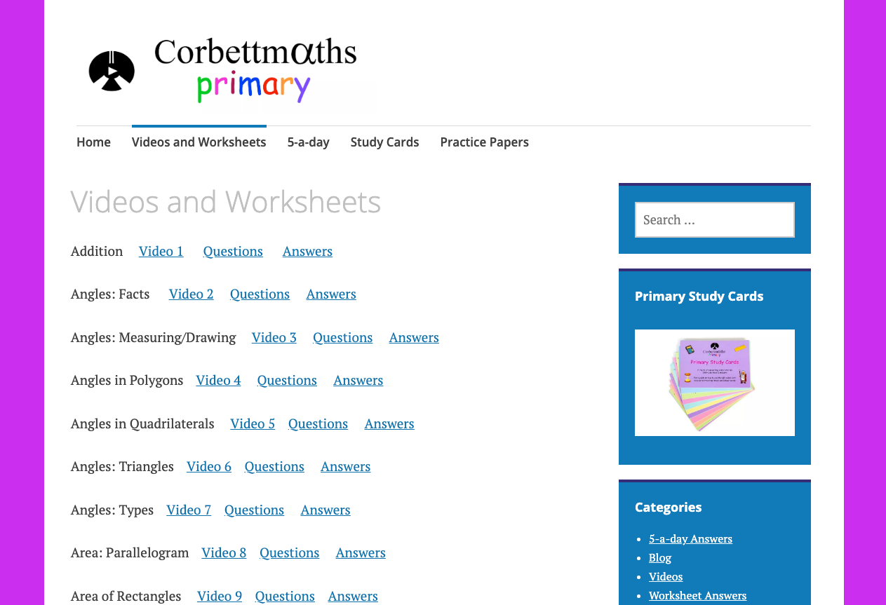 Screenshot of Corbettmaths — Videos and worksheets